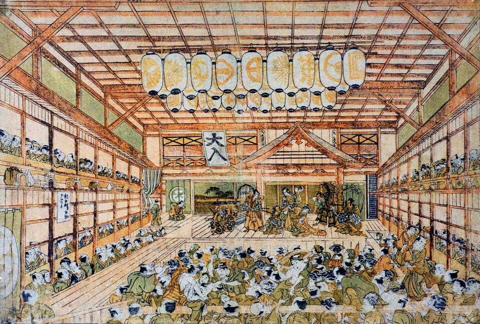 Japanese woodblock print showing a crowded indoor theater with people watching a performance