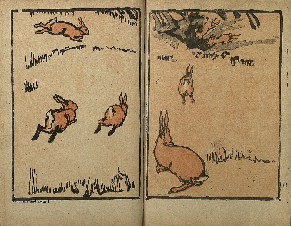 Four rabbits run and leap across a grassy area, illustrated in a simple, sketch-like style on two pages of an open book—perfect inspiration for a Styrofoam block printing lesson plan or as part of an imaginative display at the McNay Art Museum.