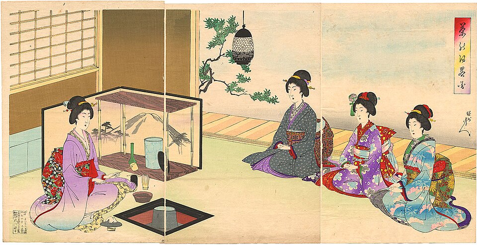 Four women in traditional Japanese attire participate in a tea ceremony inside a room with a decorated screen, tatami mats, and a hanging scroll, offering an immersive glimpse into the refined art of East Asia.