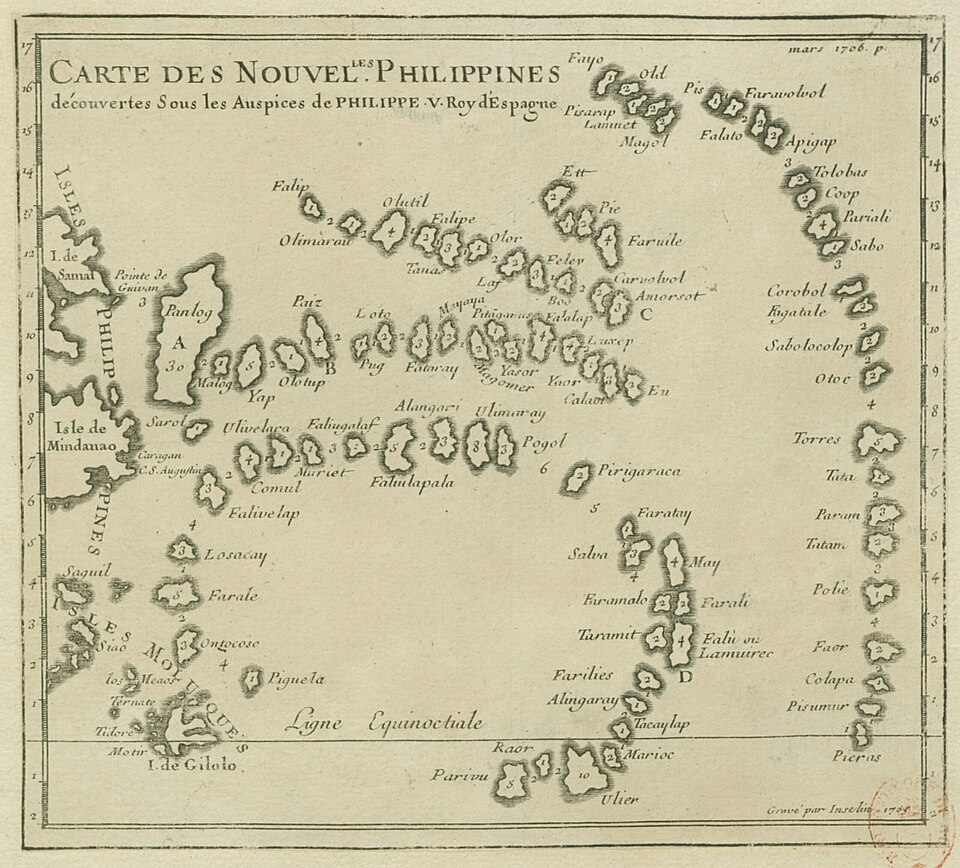 Antique map labeled Carte des Nouvelles Philippines showing island groups in the western Pacific, with French text and old cartographic features—a fascinating glimpse into education and geography during the Colonial Era.