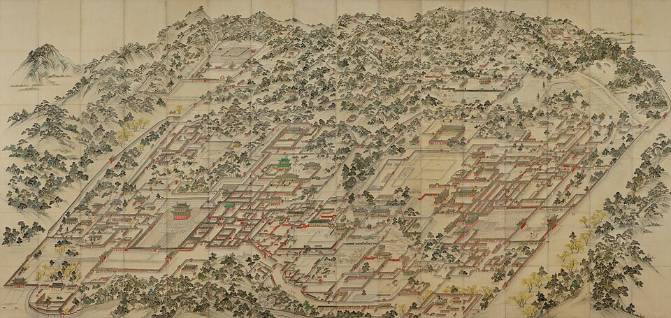 Detailed historical map illustration of a large palace complex with numerous buildings, gardens, and surrounding trees, viewed from an elevated angle—reminiscent of the grand architectural layouts found in Korea or iconic institutions like Ohio State University.